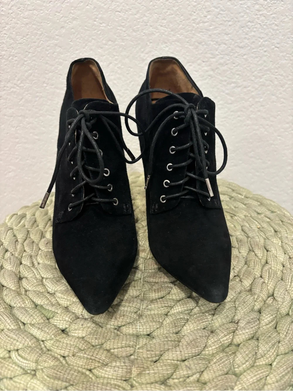 L.A.M.B. Black Suede Lace-Up Stiletto Point Toe Booties Size 8